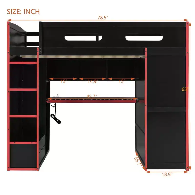 Luxystar Full Size Modern Loft Bed With Wardrobe, Lighted Desk and torage