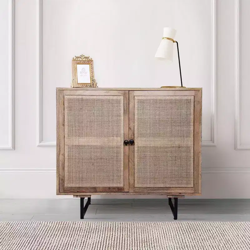 Handcrafted Boho Accent Cabinet with Mesh Rattan Doors & Mango Wood Frame, 35