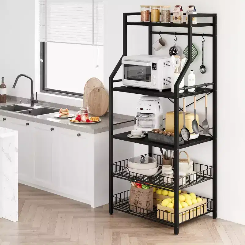 5-Tier Kitchen Bakers Rack Microwave Oven Stand with 2 Large Wire Basket Industrial Coffee Bar Station for Kitchen Dining room