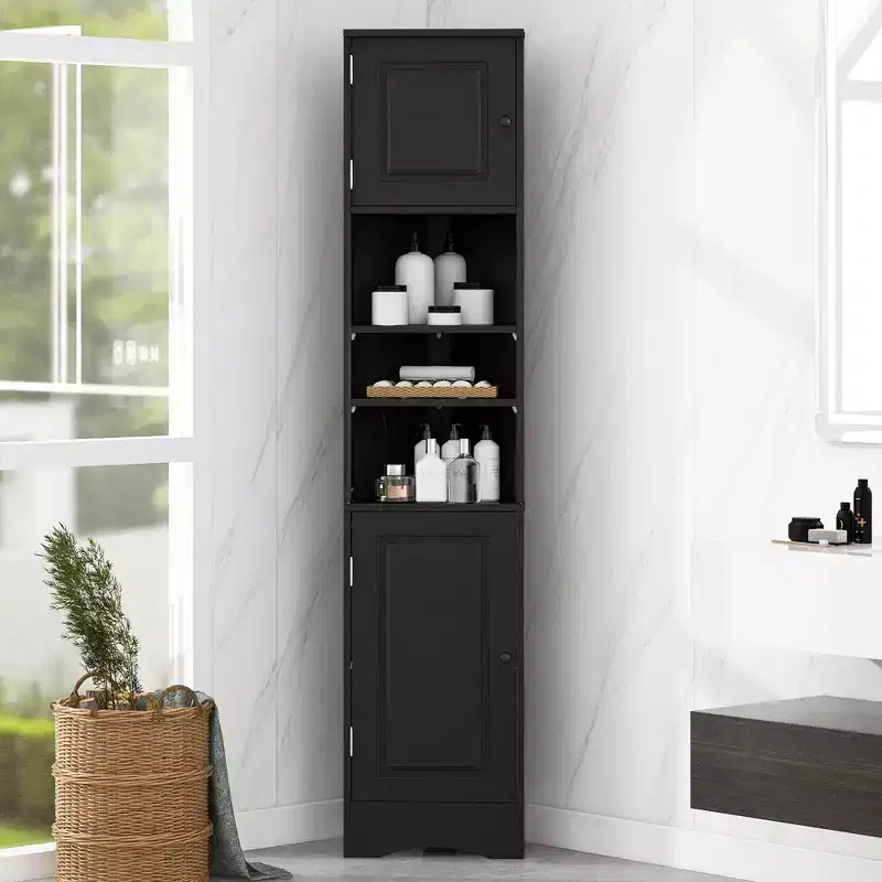 Multi-Functional Verticle Corner Cabinet, Tall Bathroom Storage Cabinet with Two Doors and Adjustable Shelves