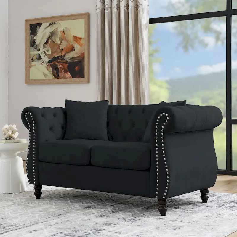 2-Seater Chesterfield Sofa with Rolled Arms and Nailhead Trim – Black Velvet