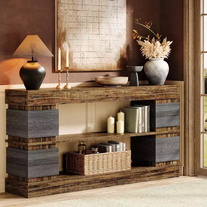 Lantine 63 3-Tier Long Console Table with Storage for Entrance, Brown