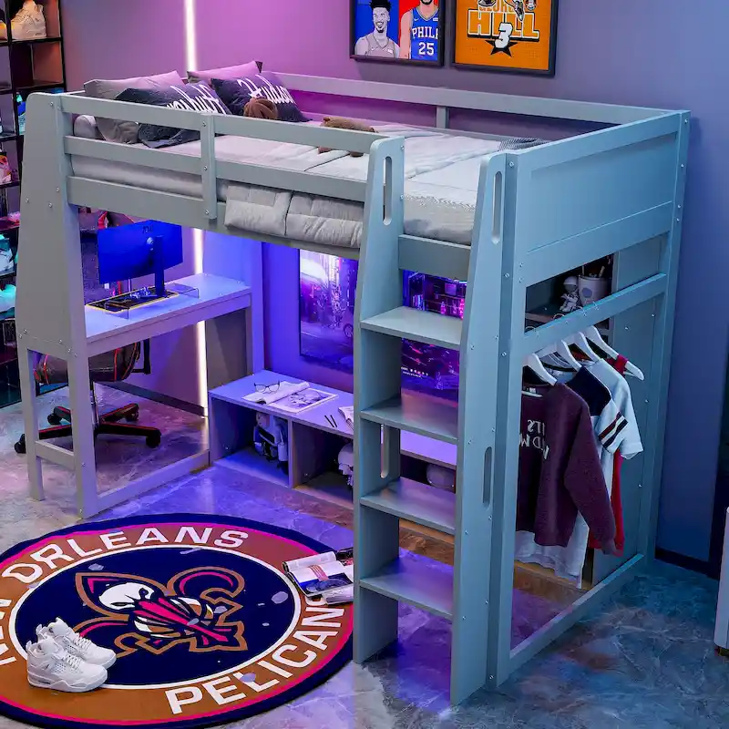 Twin Size Loft Bed Mulfunctional Wood Loft Bed w/Desk, Multi-storage Shelves, LED and Hanging Clothes Rack, No Box Spring Needed