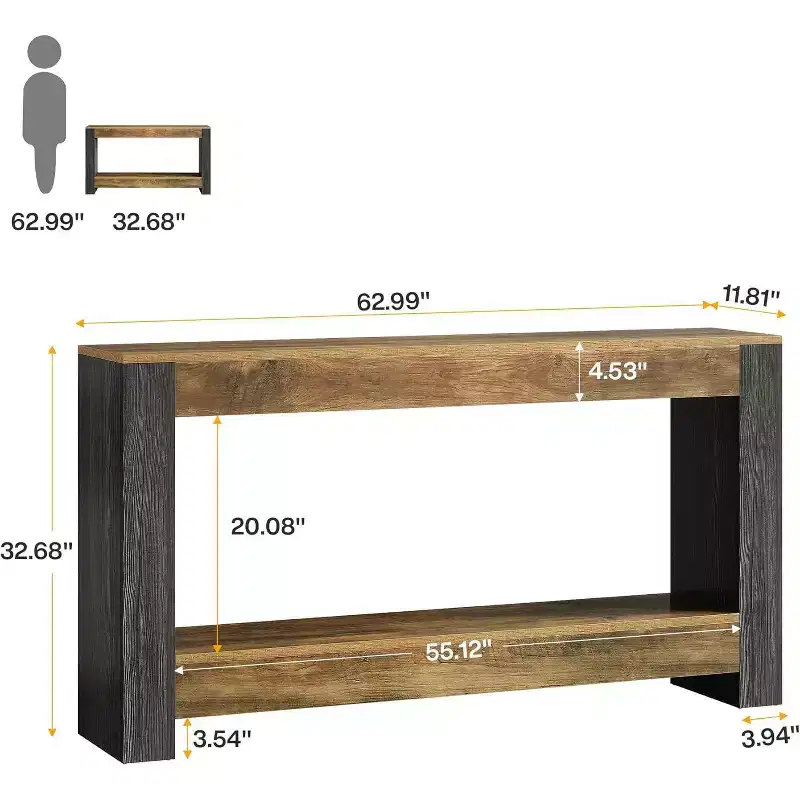 Lantine 63-Inch Long Console Table for Entryway, Farmhouse Wood Sofa Table Behind Couch for Living Room, Hallway, Rustic Brown & Black