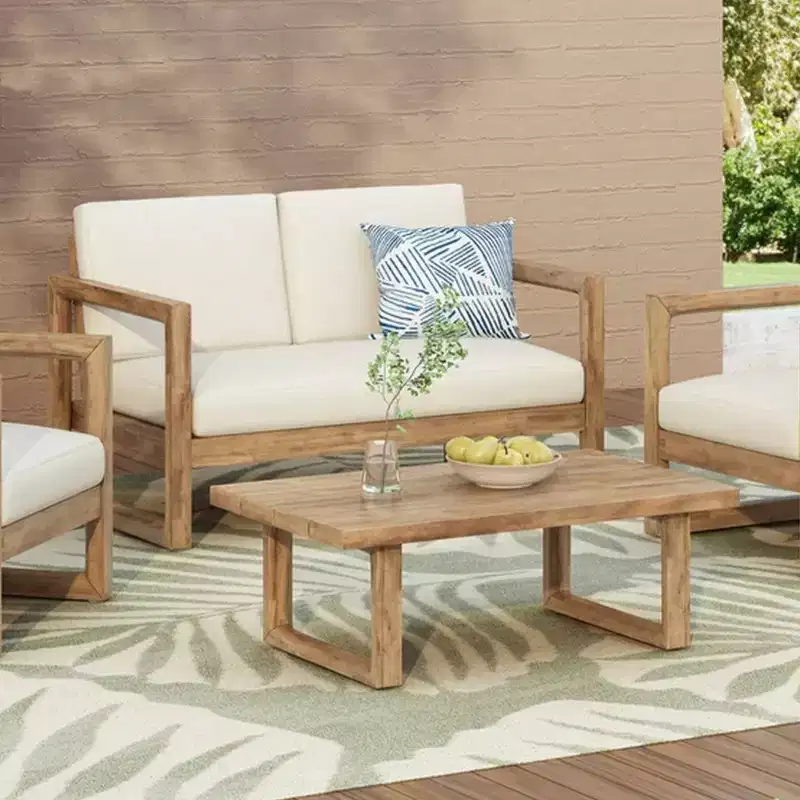 Acacia Wood Patio Furniture Set, Outdoor Conversation Set with Coffee Table and Soft Cushions for Backyard, Porch, and Balcony, Beige - Merax