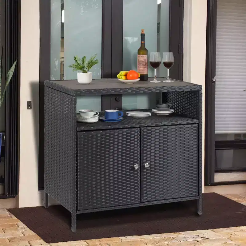 Outdoor Wicker Storage Cabinet with Shelving Unit Double-Door Waterproof Wicker Bar Table Ideal for Patios, Poolsides, and Gardens