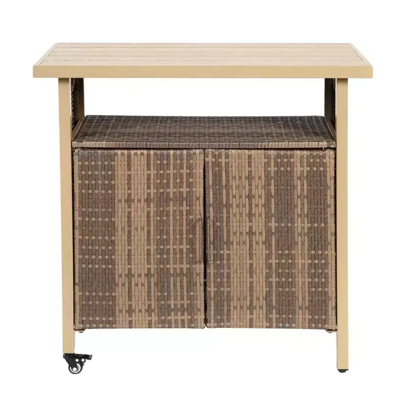 Outdoor Wicker Bar Serving Cart with Plastic Wood Top for Patio, Beige