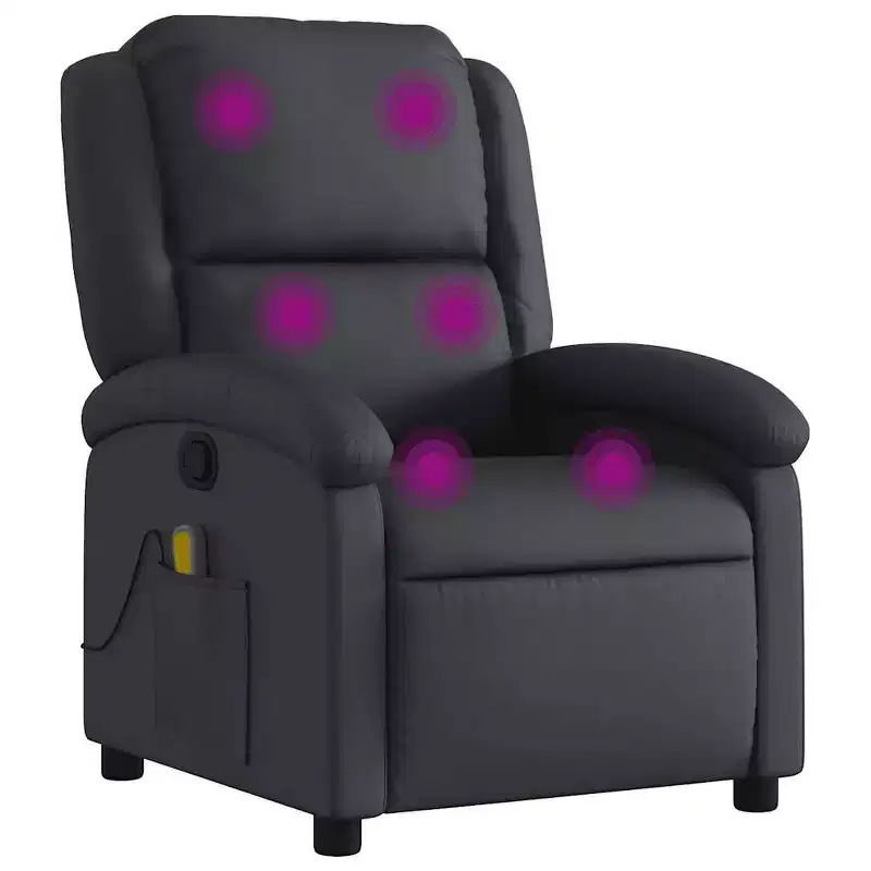 Massage Recliner Chair with 6-Point Vibration, Adjustable, Black Real Leather - Black