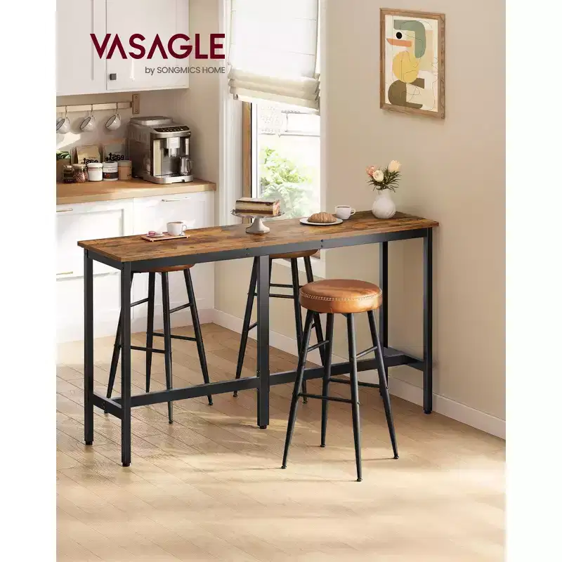 Narrow Industrial Bar Table for Small Spaces, 15.7x63 Inch Kitchen Dining Table with Sturdy Metal Frame, Rustic Brown and Black