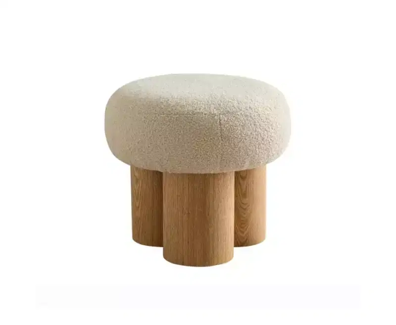Homy Casa Round Accent Stool with Boucl Upholstery & Solid Wood Cylinder Legs, Beige