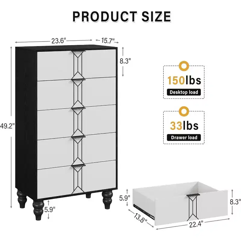 Acekool 5 Drawer Dresser, Modern Chest with Vintage Pattern, Deep Storage Drawers for Bedroom, Living Room, Entryway