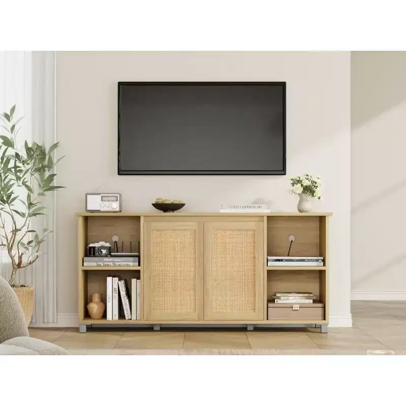 70 Mid-Century TV Stand with Rattan Door Cabinet and Open Shelf, Natural Wooden and MDF Board Media Console, Boho TV Consoles for Living Room