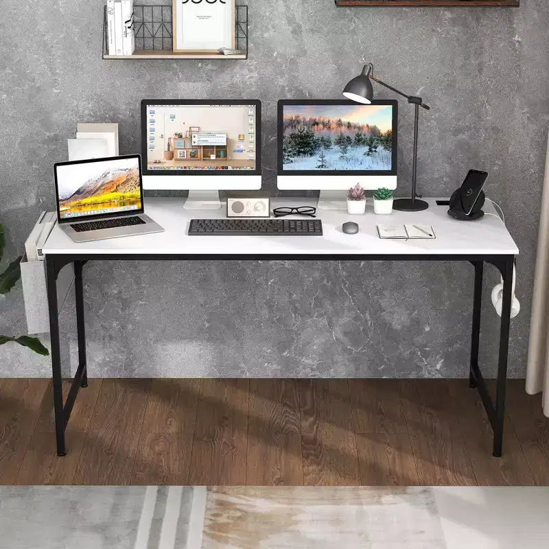 Costway 60 Modern Computer Desk with Charging Station with Storage Bag & Headphone Hook White