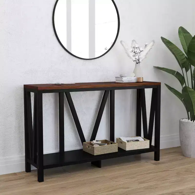 Modern Farmhouse Engineered Wood Sofa Table with Wood Bracing & Lower Shelf