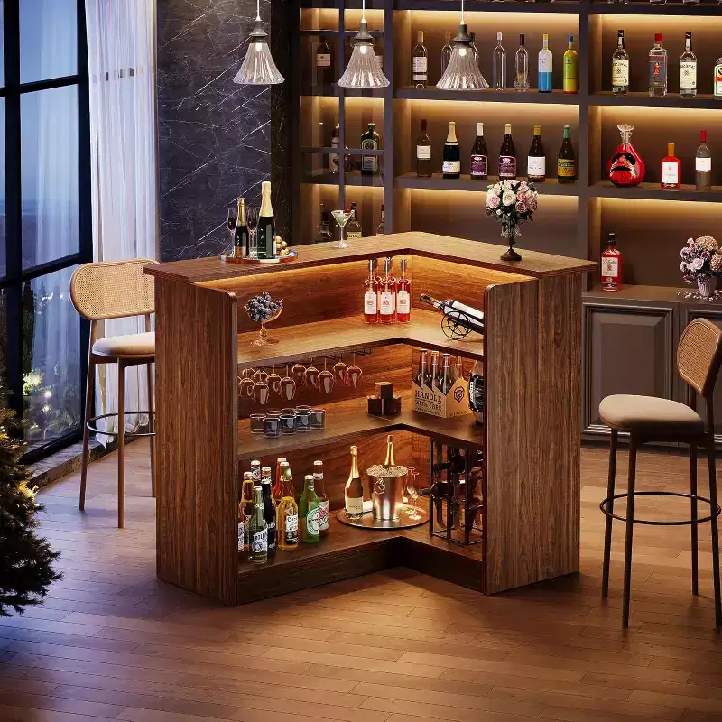 L-Shaped Bar Cabinet, 4-Tier Corner Liquor Table with Glass Holder & Storage Shelves, for Kitchen, Living Room, Home Pub