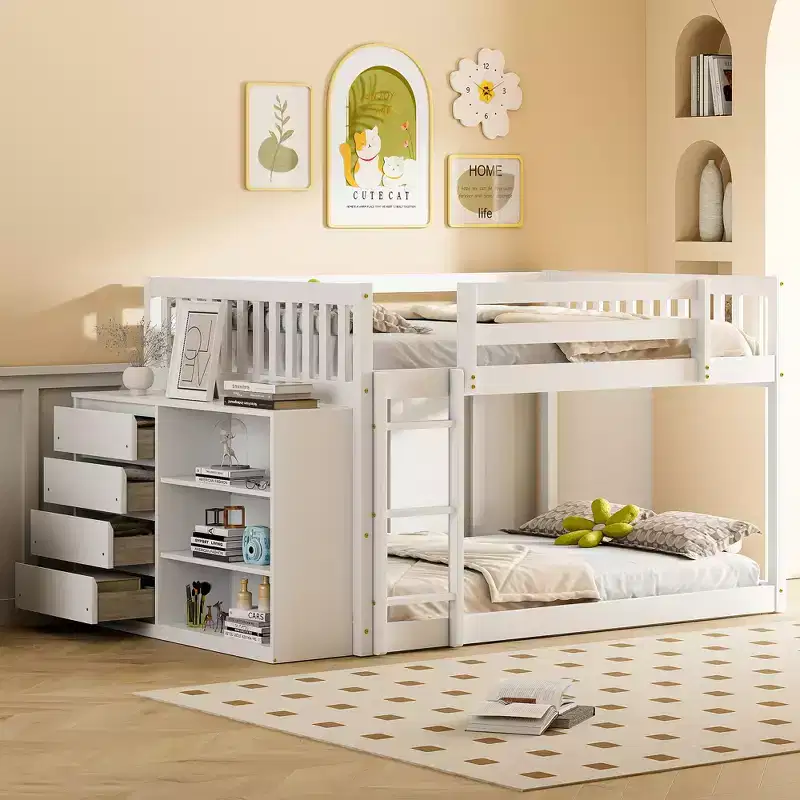 JVNOXK 92-inch white bunk bed with full-size mattresses on both levels, featuring 4 drawers and 3 shelves, solid pine wood frame with MDF
