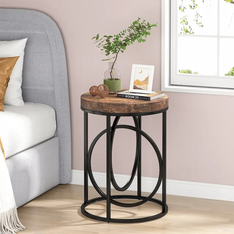 20 in. Marble White Round Wood End Table with Gold O-shaped Base