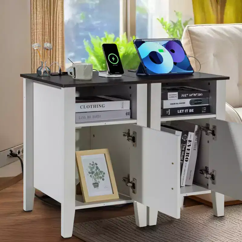 VEVOR Farmhouse End Table Set of 2, Nightstand with Charging Station, 3 Tiers Side Table with Storage Cabinet, End Table with USB Ports and Outlets