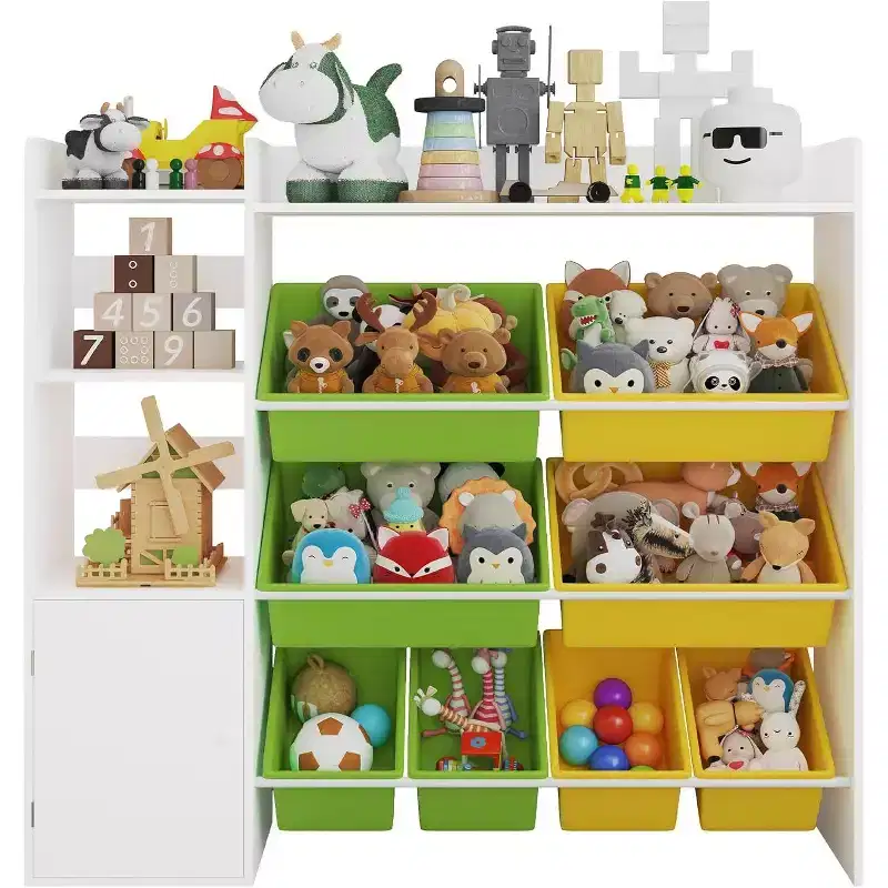 White & Multicolor 4-in-1 Kids Storage Bookshelf with 8 Bins, for 1 Child