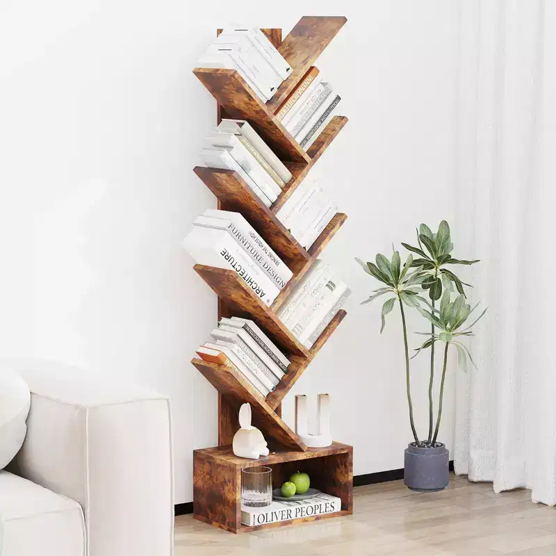 8-Tier Tree-Shaped Bookshelf Rustic-Style Open Shelving Unit Ideal for Living Rooms, Bedrooms, and Offices