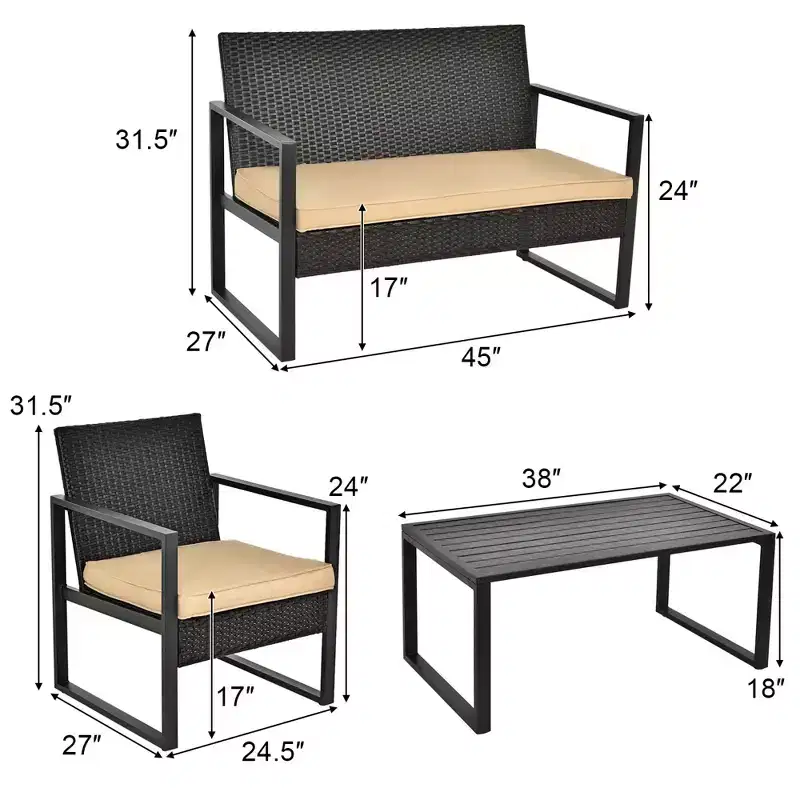 Costway 4PCS Patio Rattan Furniture Set Cushioned Sofa Coffee Table Garden Deck Brown