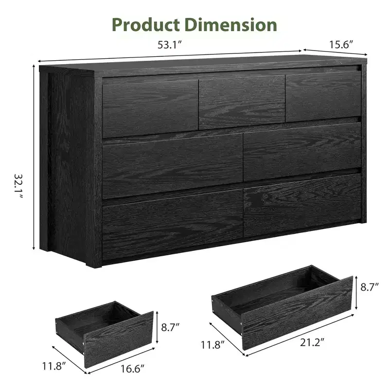 7 Drawer Dresser for Bedroom, 53W Wooden Chest of Drawers, Handle-Free Clothes Storage Organizer, Dresser TV Stand for Hallway, Bedroom