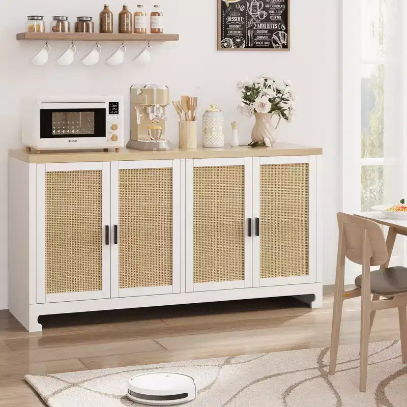 Rattan Accent Storage Cabinet with 4 Doors & Shelf, Modern Console Coffee Bar Cabinet