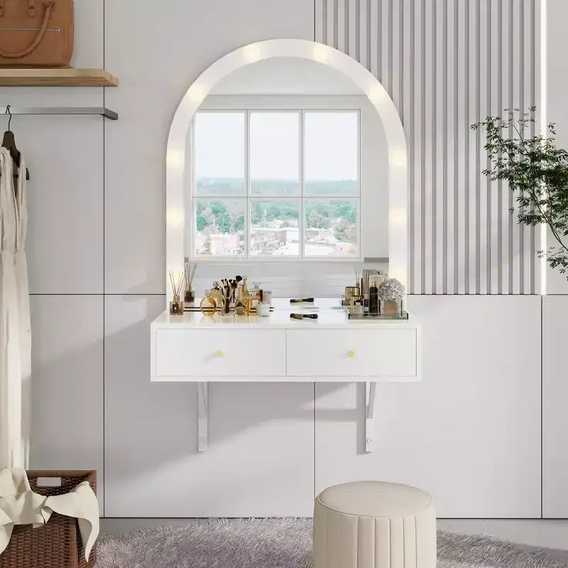Whisen Wall Dressing Table, Floating Makeup Vanity Desk, Modern Dressing Table Vanity with Mirror, Large Storage
