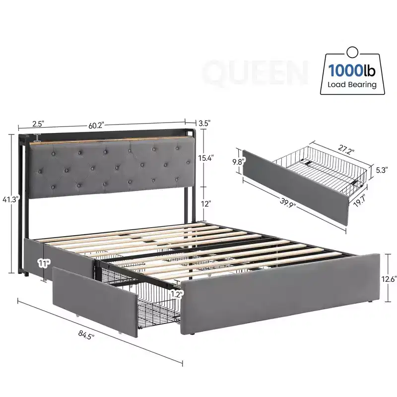 Full Size Platform Bed with Charging Station, 4 Storage Drawers, Gray Velvet Upholstered Headboard