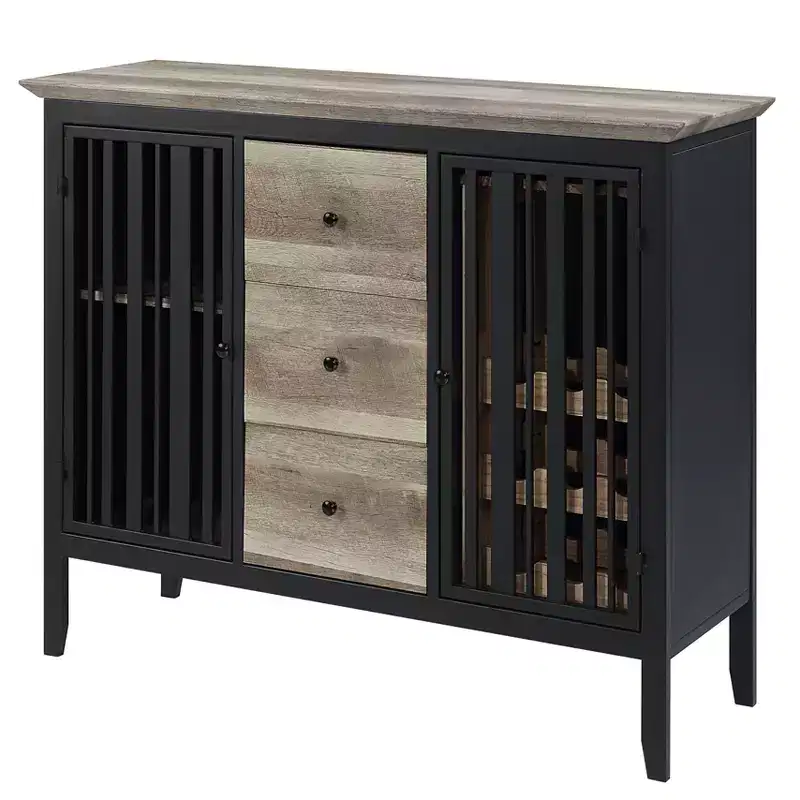 47" Kitchen and Dining Cabinet Antique Oak and Sandy Black Finish -: Metal Frame, Divided Storage, Wood Composite