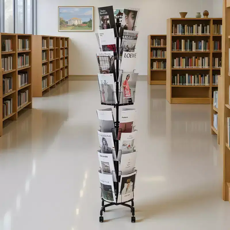 32-Pocket Rotating Card Display Stand with Wheels and Sign Holder - 360 Degree Spinning Rack