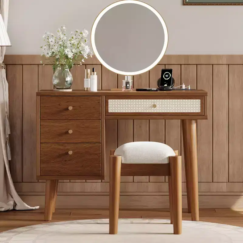 39-Inch Modern Makeup Vanity Desk with Mirror and Lights, 3 Drawers, Built-In Power Hub and Matching Stool for Bedroom