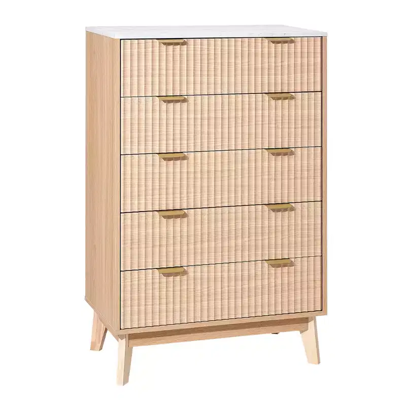 VEVOR 5 Fluted Drawer Dresser, Wooden Chest of Drawers with Sliding & Anti-tip Device, Modern Minimalist Dresser Chest, Beige