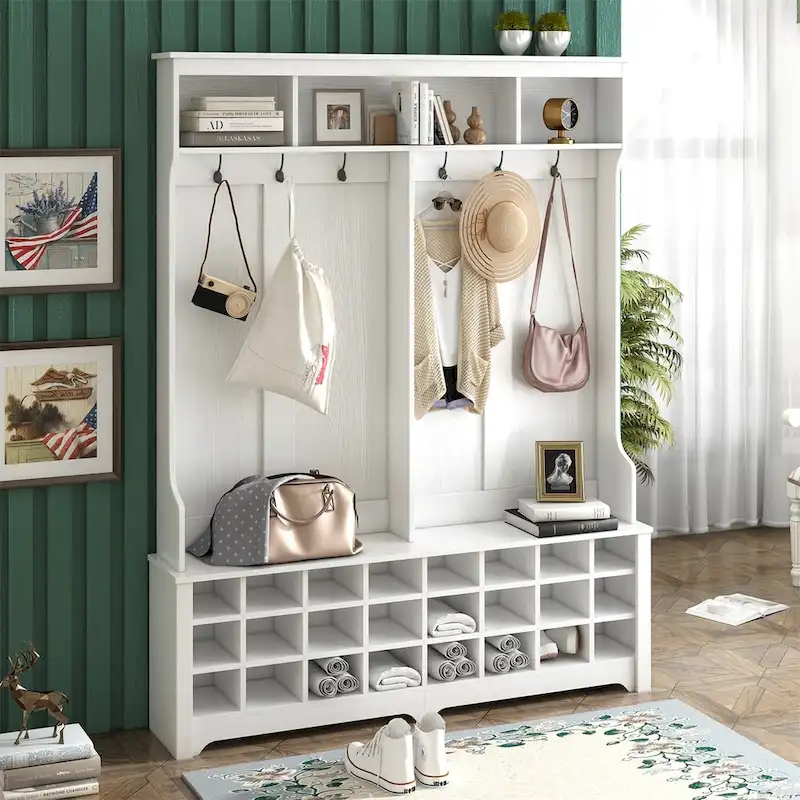 Multiple Functions Hall Tree with Hooks, Shelves & 24 Shoe Cubbies