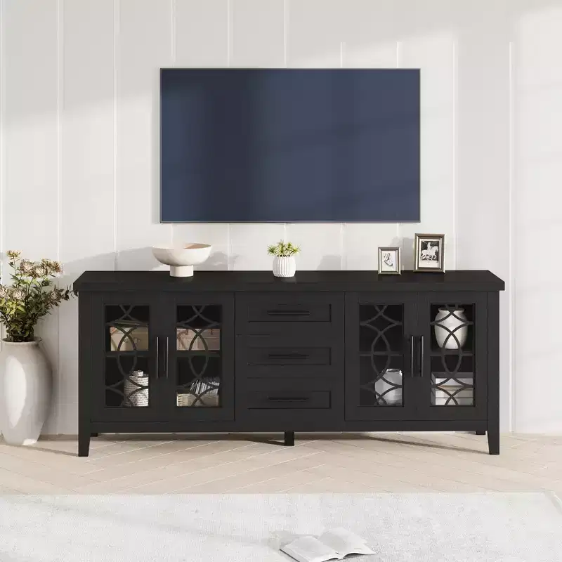 Modern TV Stand for TVs up to 70, 63 Long Entertainment Center with Glass Door & 3 Drawer, Wooden TV Console Table for Living Room Bedroom