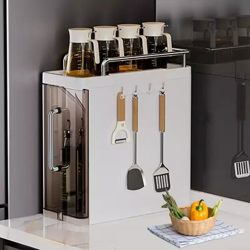 3-Tier Spice Organizer with Doors, Kitchen Cabinet Storage for Spices, Utensils & Cutlery, 4 Hooks, Dustproof Design