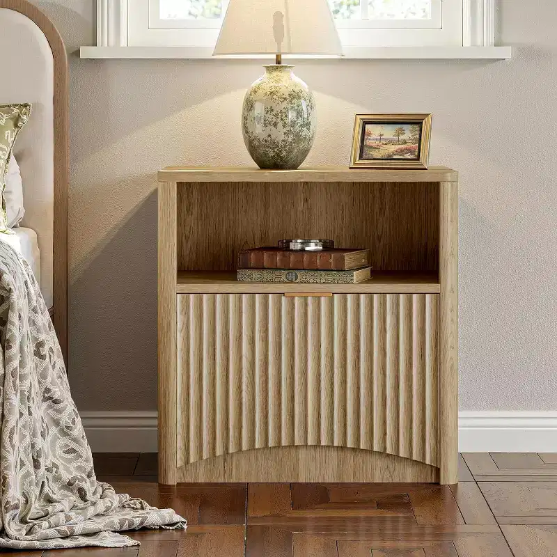 Natural Oak Fluted Nightstand with Drawer & Open Shelf, 1-Piece / 2-Piece