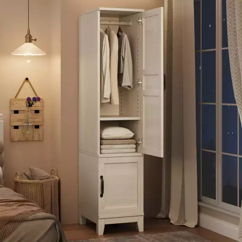 Coolmee Armoire Wardrobe Closet with 2 Doors, 72 Wooden Wardrobe Cabinet with Hanging Rod, Narrow Tall Clothing Armoire Cabinet for Bedroom
