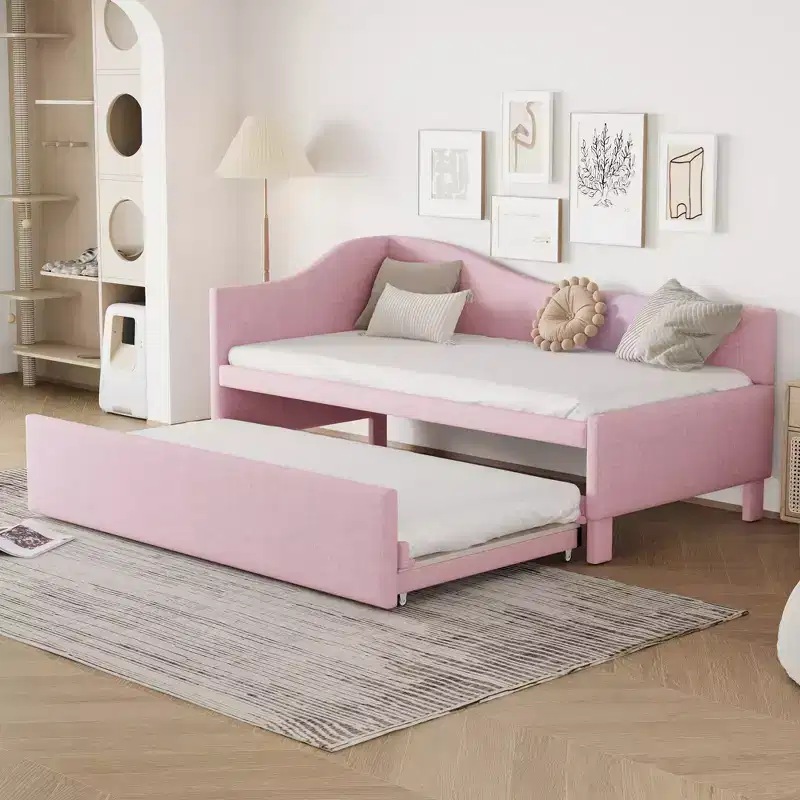 Twin Size L Shaped Platform Bed with Pop Up Trundle, Wood Upholstered Corner Bed Frame for Bedroom
