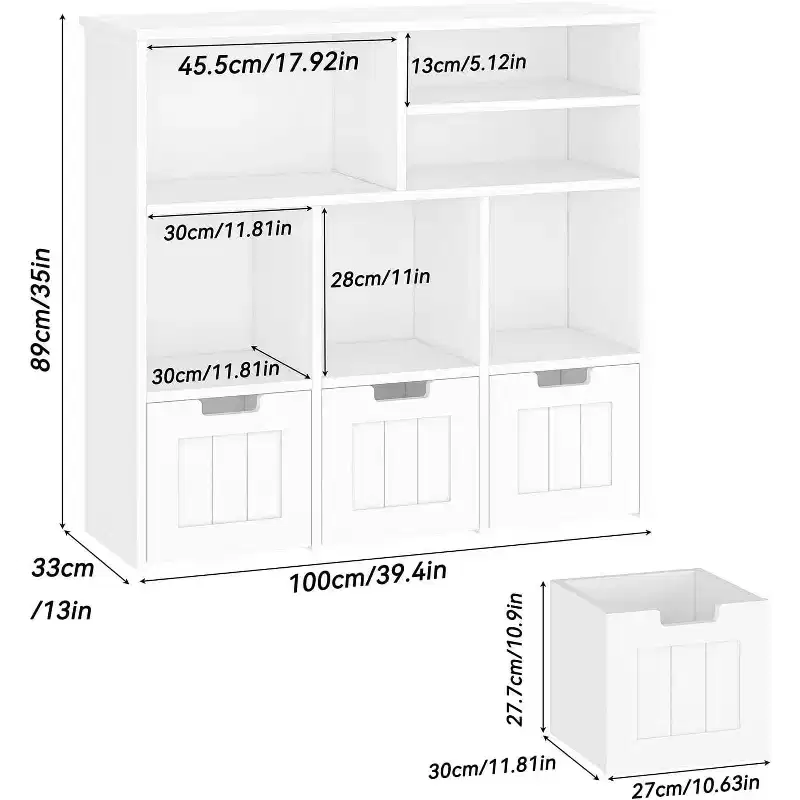 Kids Bookcase Toy Storage Cabinet, Organizer with 3 Movable Drawers & Hidden Wheels, 6 Compartments for Bedroom, Playroom, Nursery, White