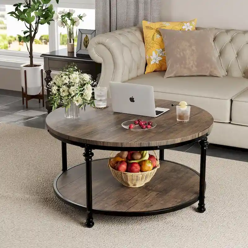 Round Coffee Table with 2-Tier Shelf, 30.31