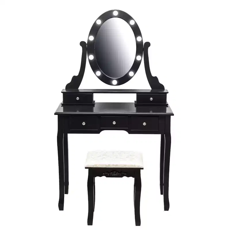 GustoWave Vanity Desk, Vanity Mirror with Lights and Table Set with 5 Drawers, Wood Makeup Dressing Table with Oval Mirror & Stool for Bedroom