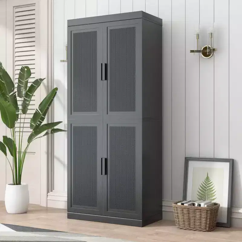 72x31x16 Wood Grain Buffet Cabinet in Black, Storage Organizer with Adjustable Shelves and Rattan Doors for Kitchen Bedroom Entryway Living Room