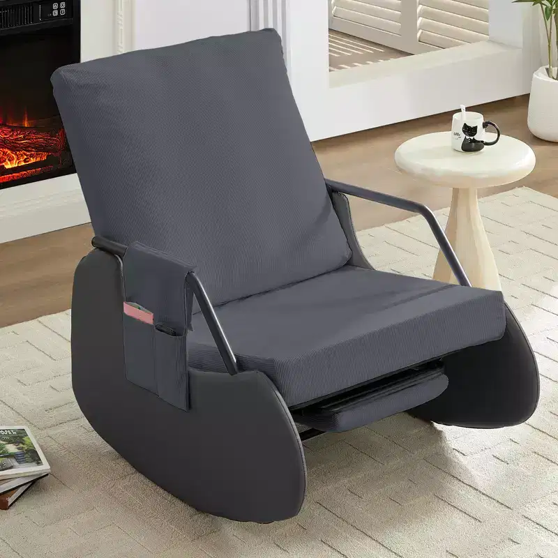Upholstered Corduroy Rocking Chair with Wooden Legs Wrapped in Leather&Adjustable Footrest