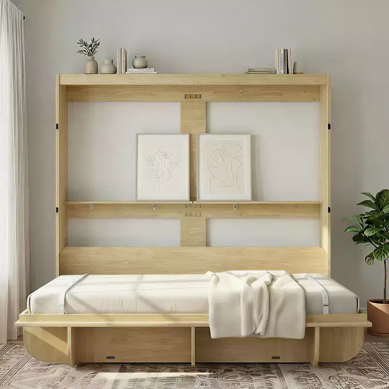 2-in-1 Invisible Murphy Bed with Shelf Storage, Queen Size, Natural Wood (Mattress Not Included)