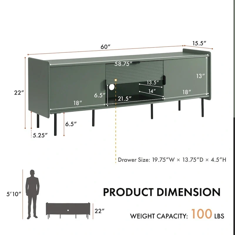 Zaria Modern 60-inch TV Stand with Storage Cabinets and Center Drawer
