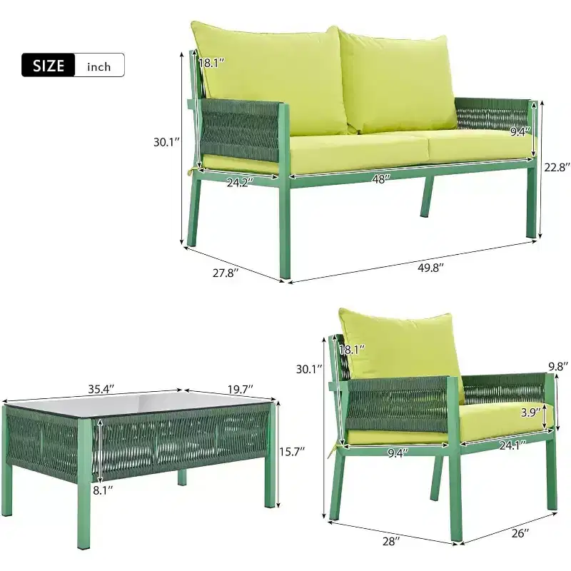 4 Piece Outdoor Patio Furniture SetLoveseat, 2 Single Sofas, Coffee Table, Removable Cushions, Conversation Set for Lawn, Garden, Backyard