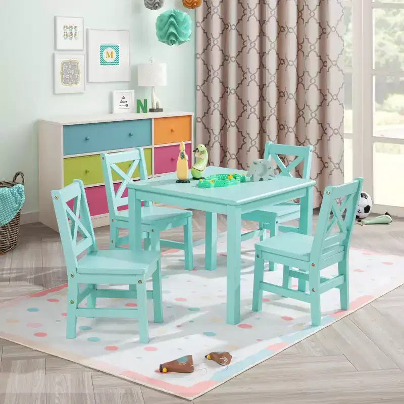 eHemco Solid Hard Wood Kids Table and Chair Set (4 Chairs Included), 5 Piece Set