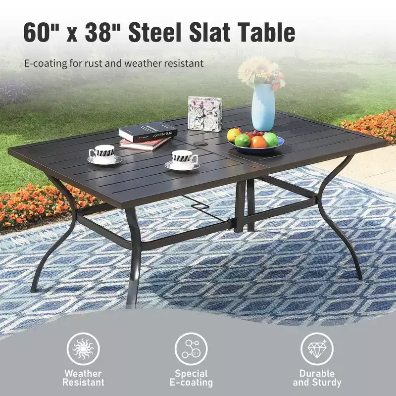 Captiva Designs 8pc Patio Dining Slat-top Steel Table & Aluminum Stackable Chairs & Market Umbrella