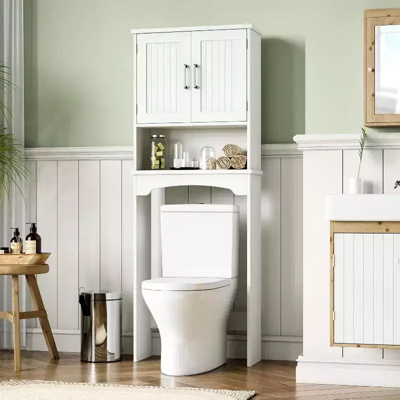 Acekool Over The Toilet Storage Cabinet, Bathroom Organizer with Double Doors, Open Shelf, Tall Space-Saving Design, Anti-Tip Kit, White